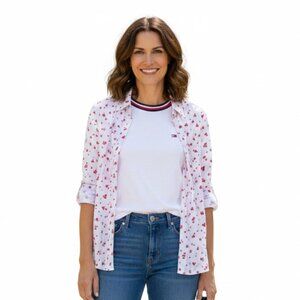 Tommy Hilfiger White Blouse – Red Heart Print Button-Up Shirt Size XL